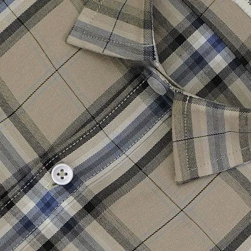 Men's 100% Cotton Grid Tattersall Checks Half Sleeves Shirt (Khaki)