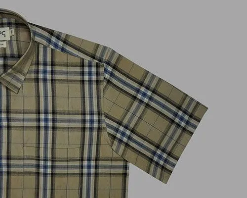 Men's 100% Cotton Grid Tattersall Checks Half Sleeves Shirt (Khaki)