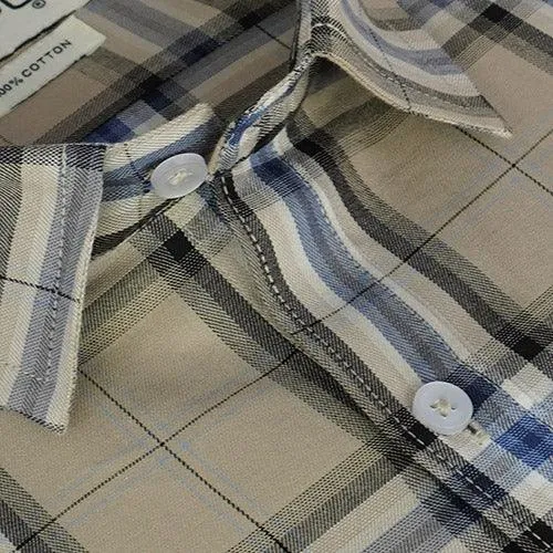 Men's 100% Cotton Grid Tattersall Checks Half Sleeves Shirt (Khaki)