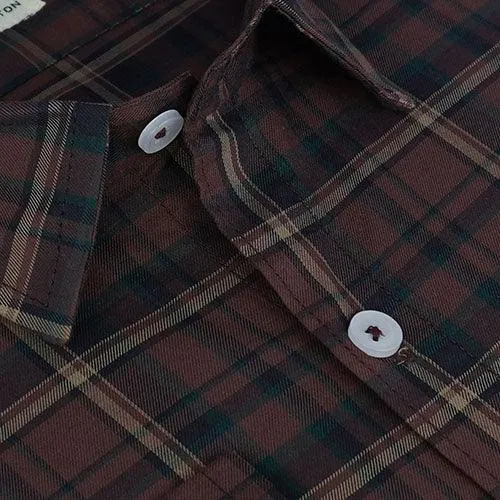 Men's 100% Cotton Tartan Plaid Checkered Full Sleeves Shirt (Rust Brown)