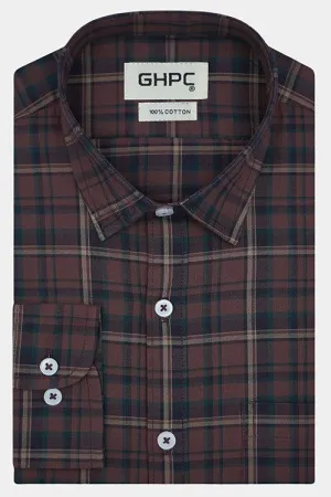 Men's 100% Cotton Tartan Plaid Checkered Full Sleeves Shirt (Rust Brown)