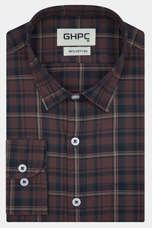 Men's 100% Cotton Tartan Plaid Checkered Full Sleeves Shirt (Rust Brown)
