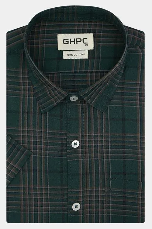 Men's 100% Cotton Tartan Plaid Checkered Half Sleeves Shirt (Green)