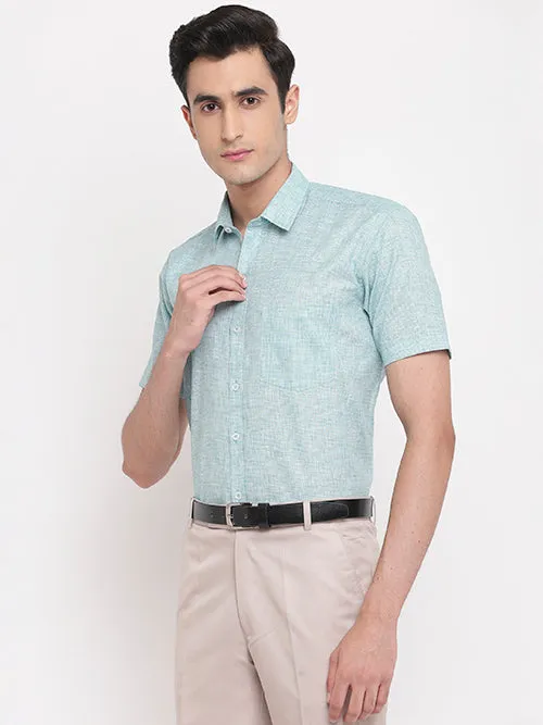Men's Cotton Linen Pin Checks Half Sleeves Shirt (Sky Blue)