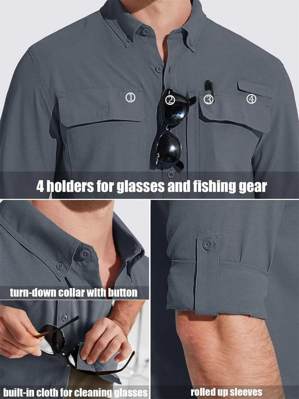 Men's Fishing Shirts Long Sleeve Quick Dry Breathable Shirts Outdoor Work UV Sun Protection Button Down Shirts