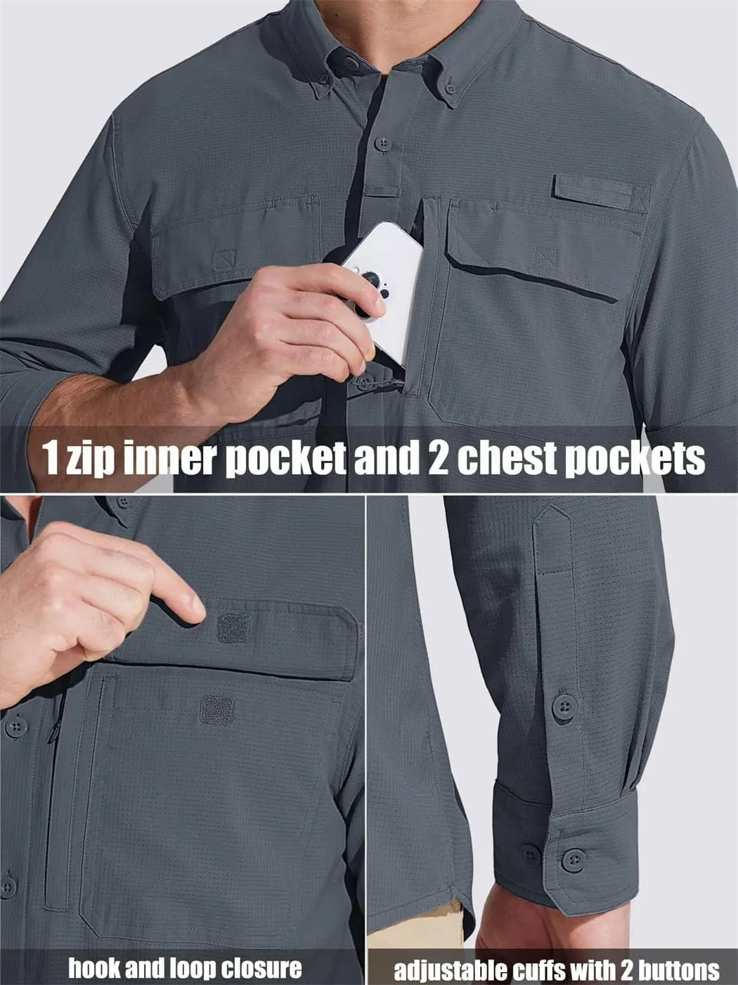 Men's Fishing Shirts Long Sleeve Quick Dry Breathable Shirts Outdoor Work UV Sun Protection Button Down Shirts