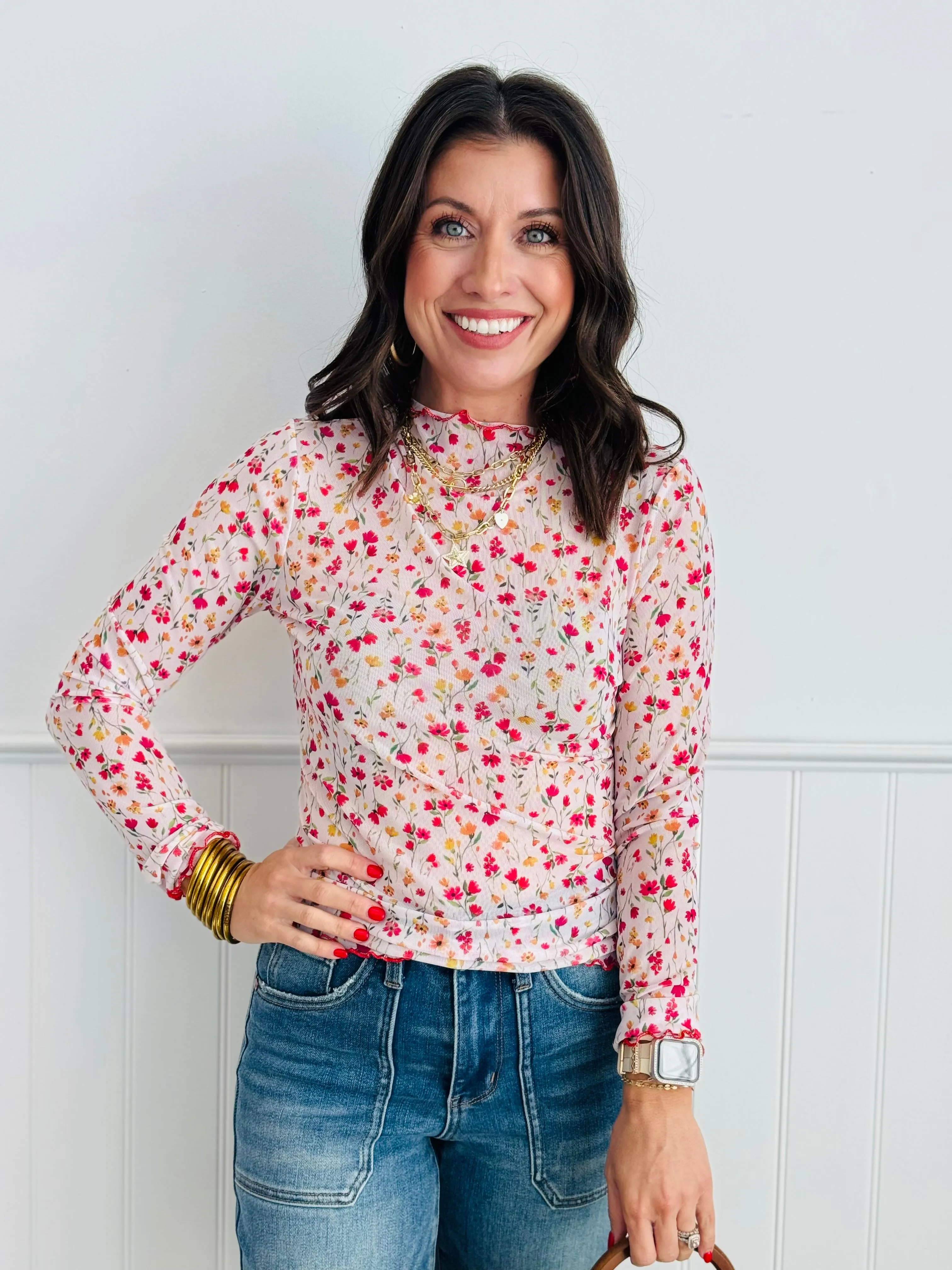 Multi Floral Mesh Long Sleeve Top (Reg. and Plus)