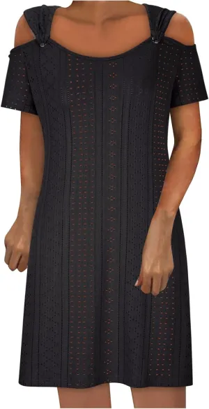 Mzkdieey Women Eyelet Embroidery Cold Shoulder T Shirt Dress Summer Short Sleeve Scoop Neck Sweet Ring Straps Beach Sundress