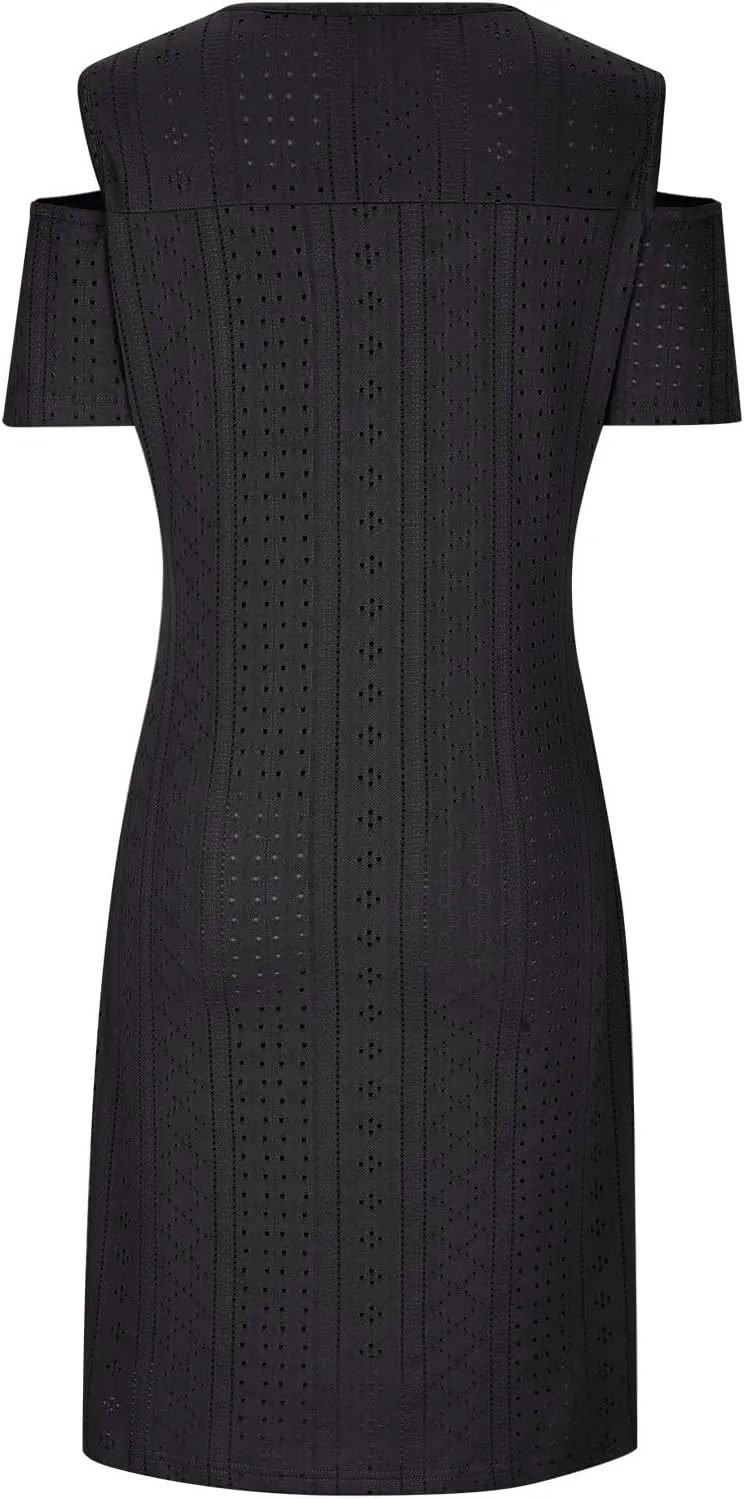Mzkdieey Women Eyelet Embroidery Cold Shoulder T Shirt Dress Summer Short Sleeve Scoop Neck Sweet Ring Straps Beach Sundress