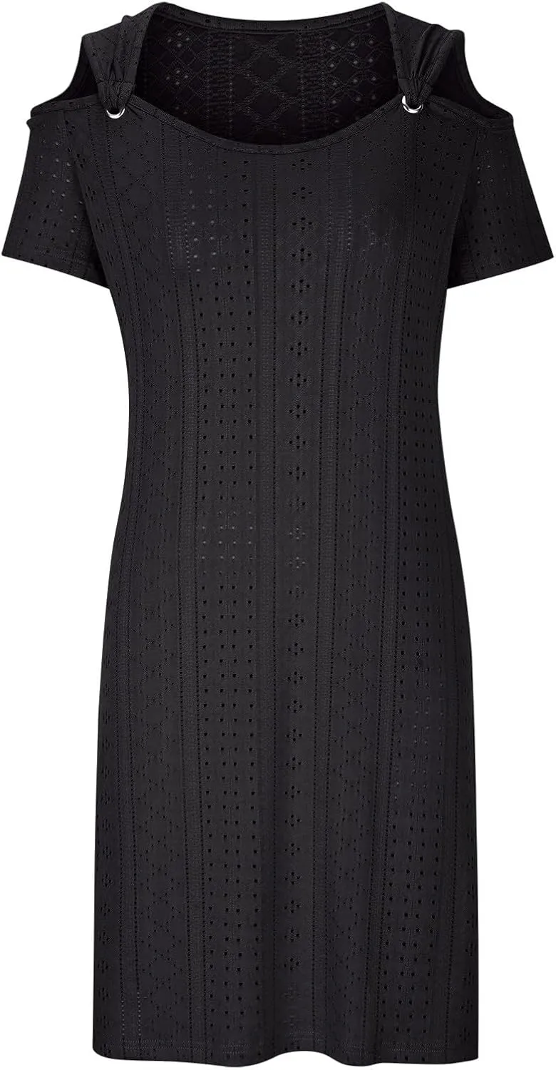 Mzkdieey Women Eyelet Embroidery Cold Shoulder T Shirt Dress Summer Short Sleeve Scoop Neck Sweet Ring Straps Beach Sundress