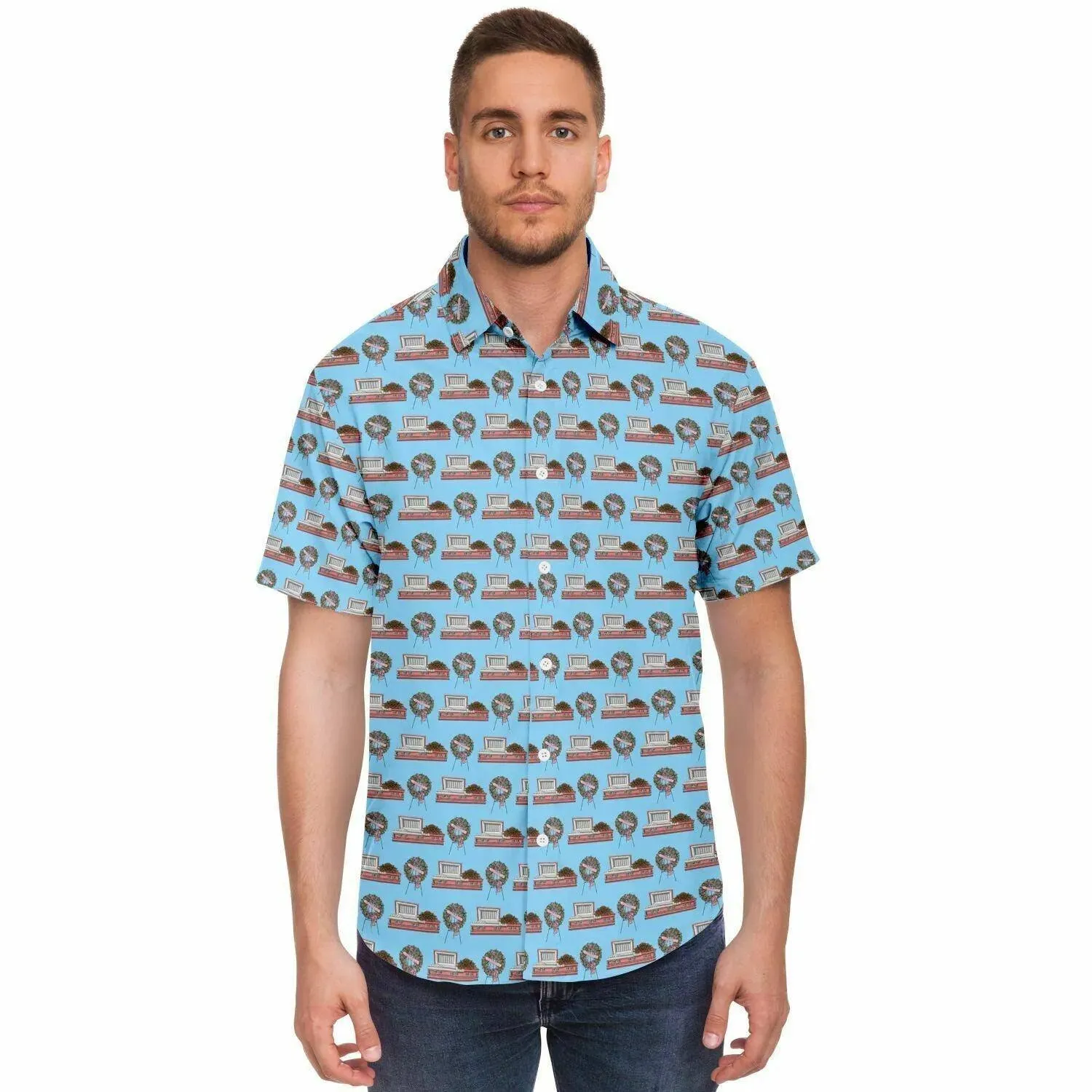 Pink Rose Casket and Wreath on Light Blue - Button Up Tee