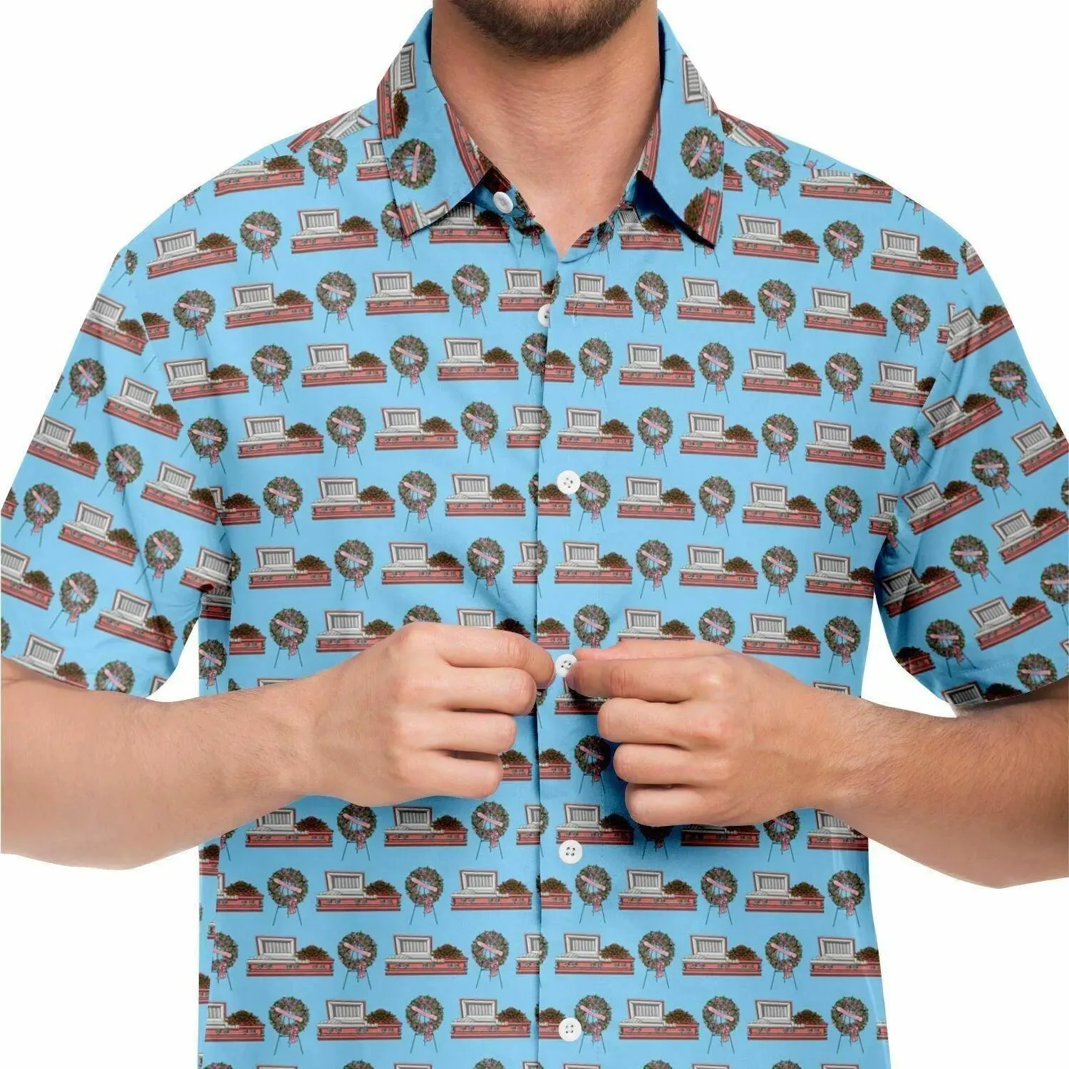 Pink Rose Casket and Wreath on Light Blue - Button Up Tee