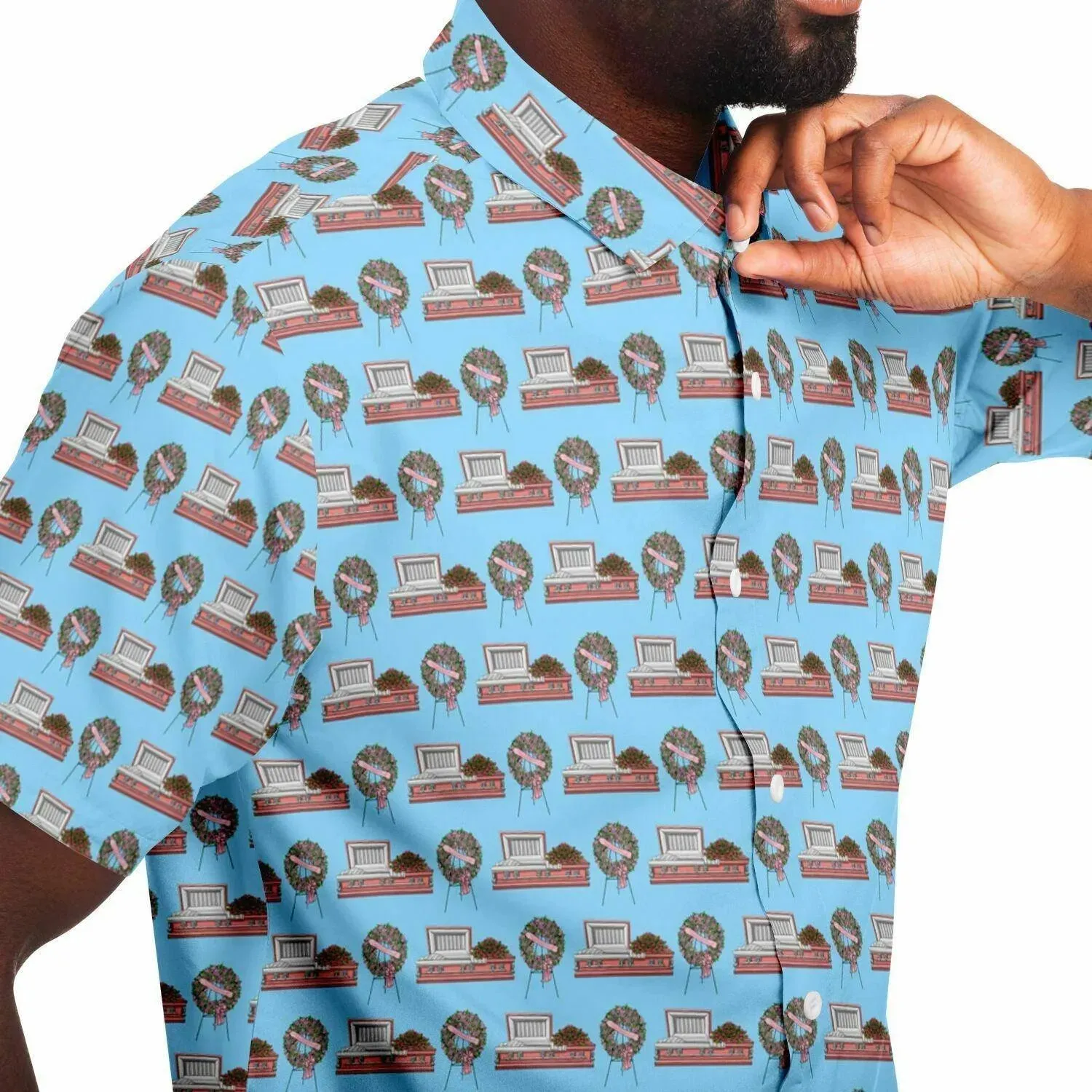 Pink Rose Casket and Wreath on Light Blue - Button Up Tee