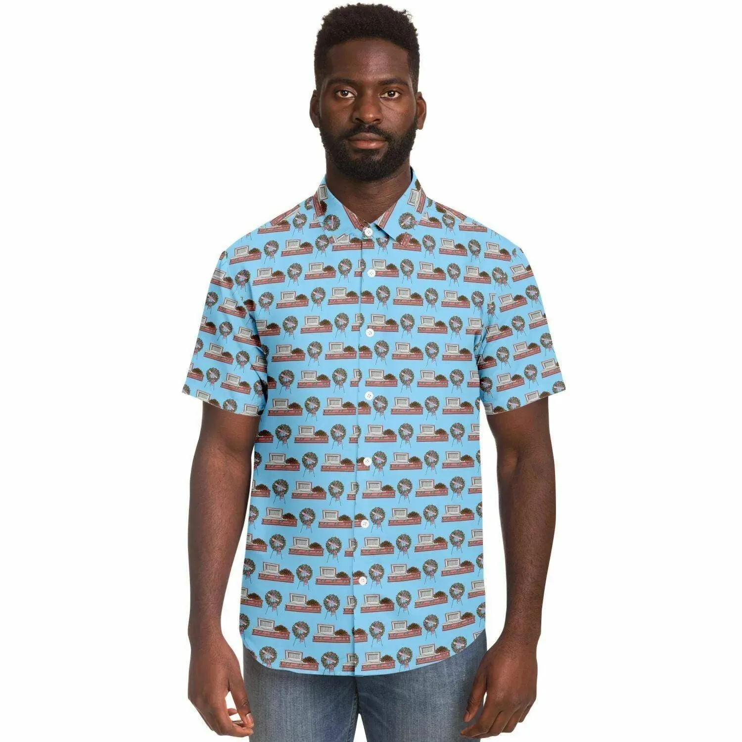 Pink Rose Casket and Wreath on Light Blue - Button Up Tee