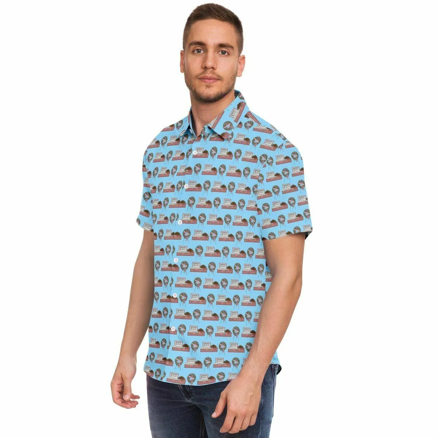 Pink Rose Casket and Wreath on Light Blue - Button Up Tee