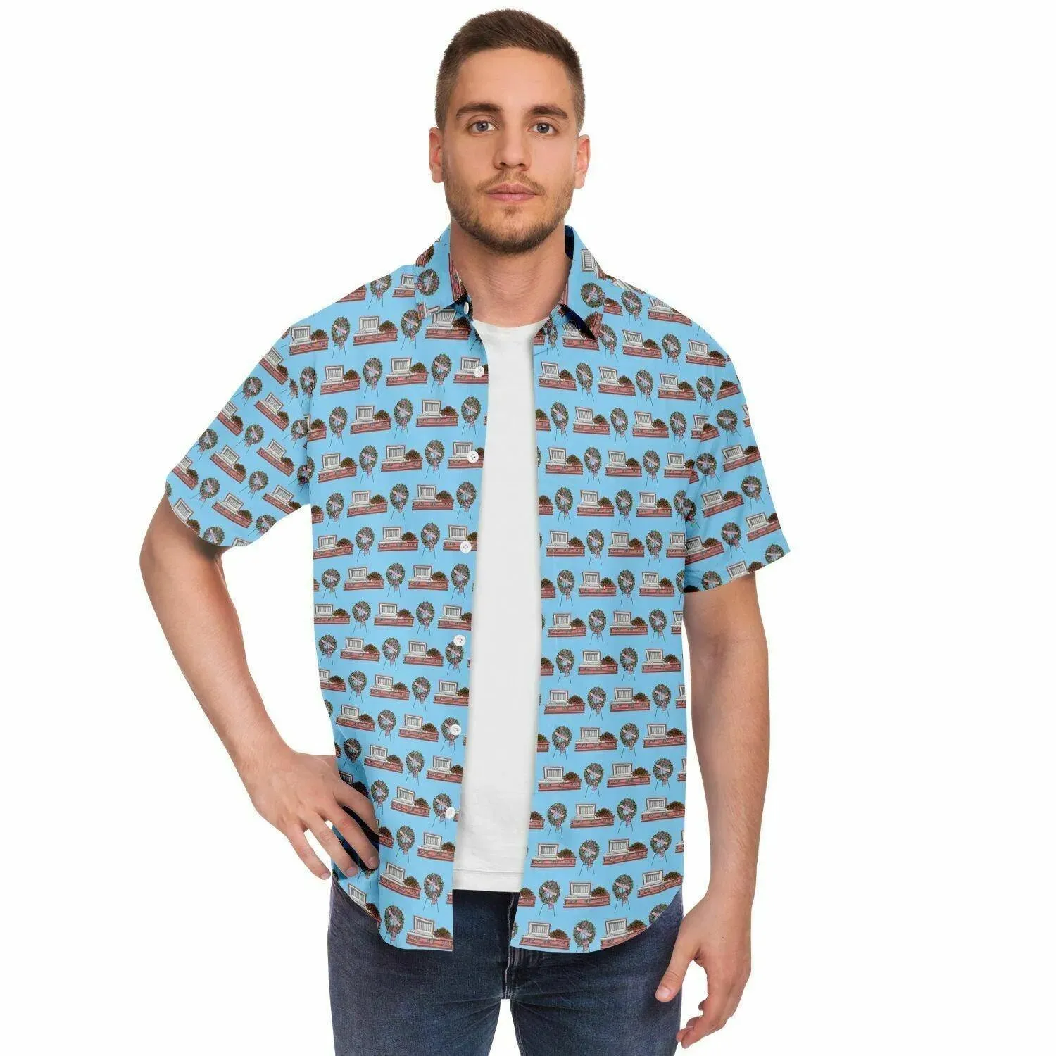 Pink Rose Casket and Wreath on Light Blue - Button Up Tee