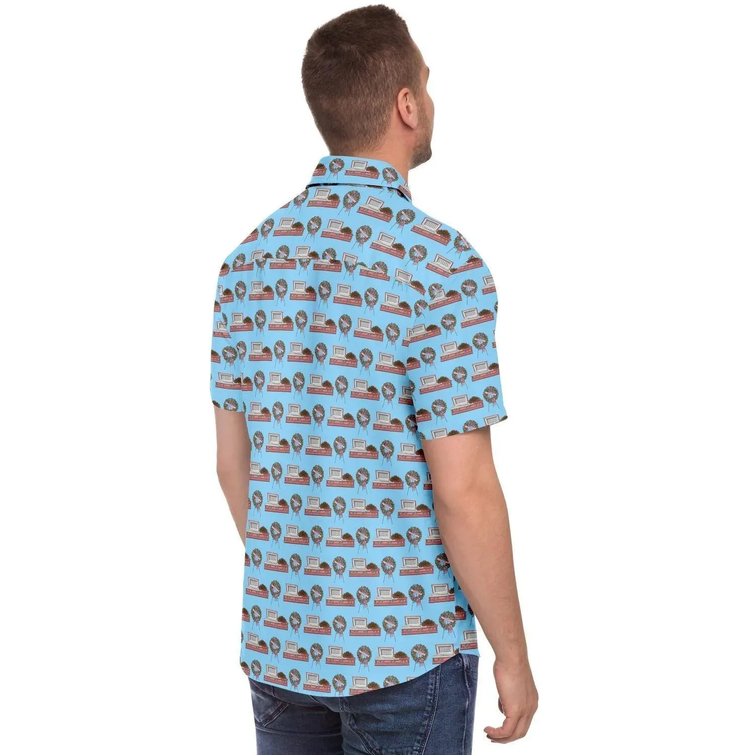 Pink Rose Casket and Wreath on Light Blue - Button Up Tee