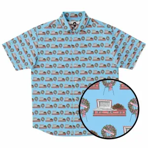 Pink Rose Casket and Wreath on Light Blue - Button Up Tee