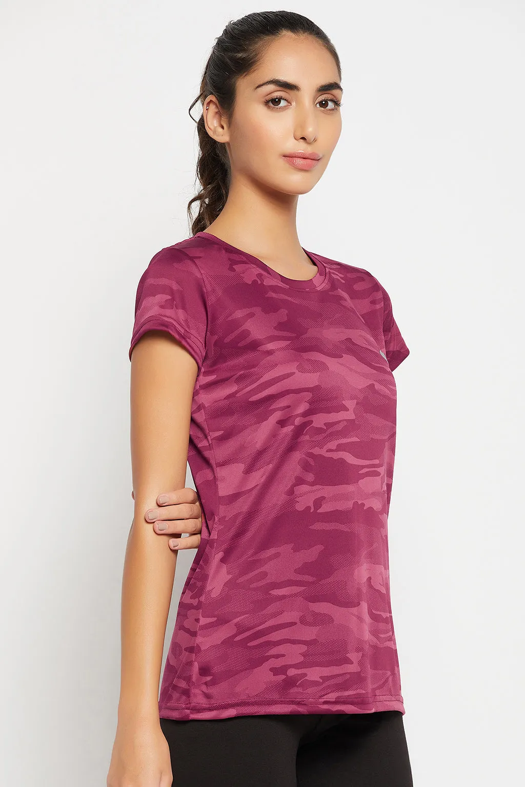 Plum Colour Polyester & Spandex Camouflage Print T-Shirt
