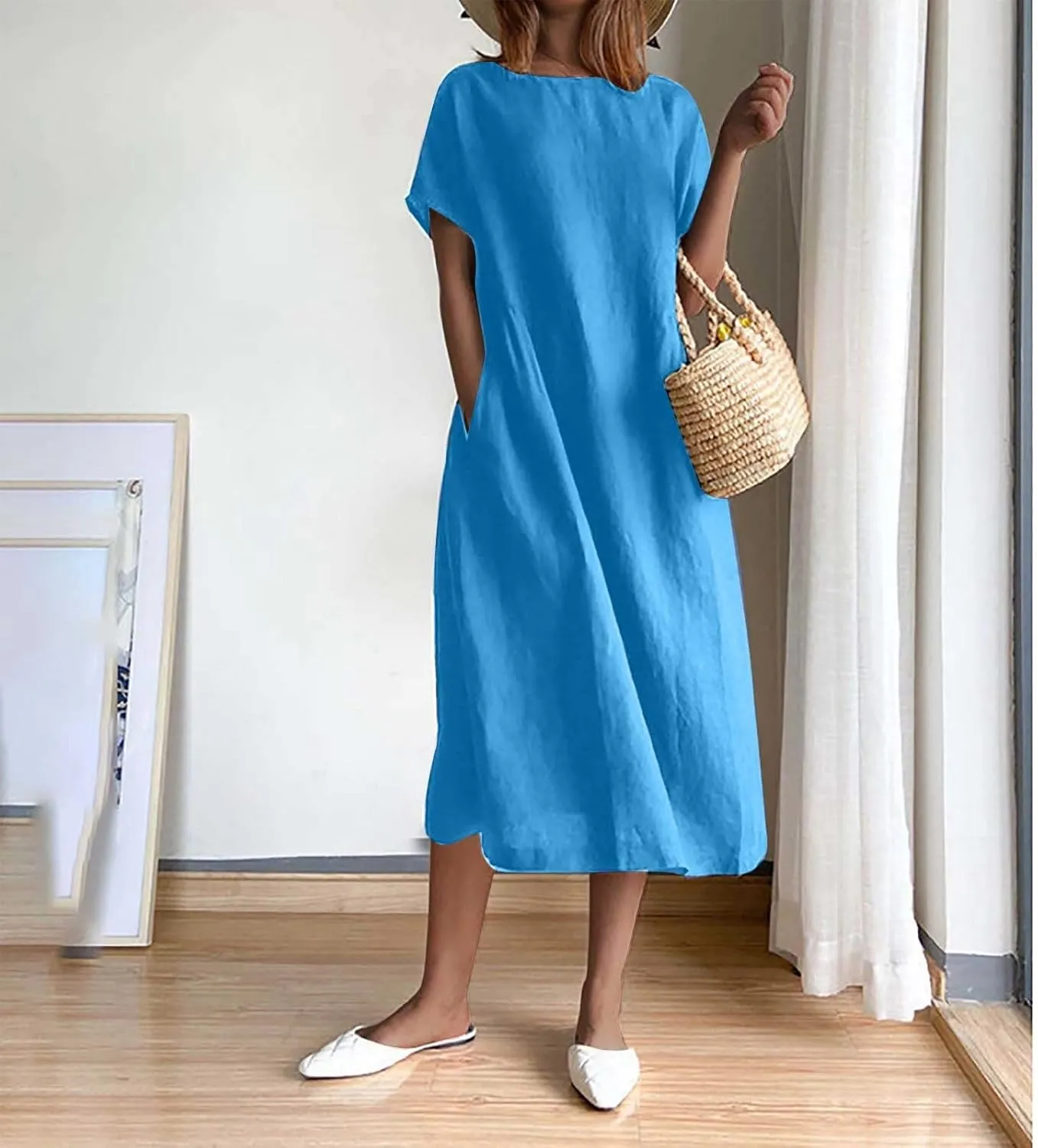 Plus Size Spring Dresses Casual Short Sleeve Loose Cotton Dress Comfy Crew Neck Midi Dress Beach Dress with Pockets