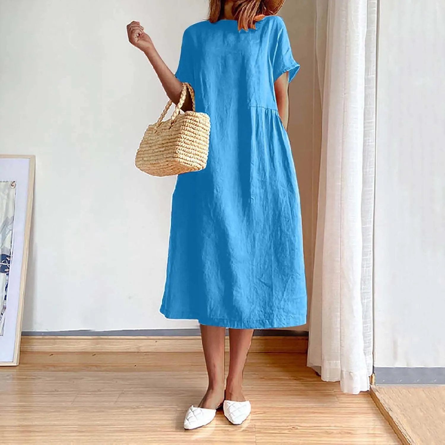 Plus Size Spring Dresses Casual Short Sleeve Loose Cotton Dress Comfy Crew Neck Midi Dress Beach Dress with Pockets