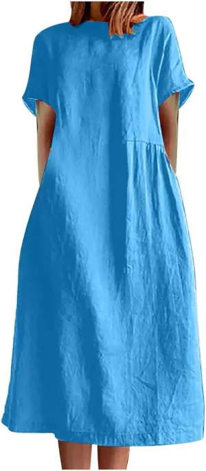 Plus Size Spring Dresses Casual Short Sleeve Loose Cotton Dress Comfy Crew Neck Midi Dress Beach Dress with Pockets