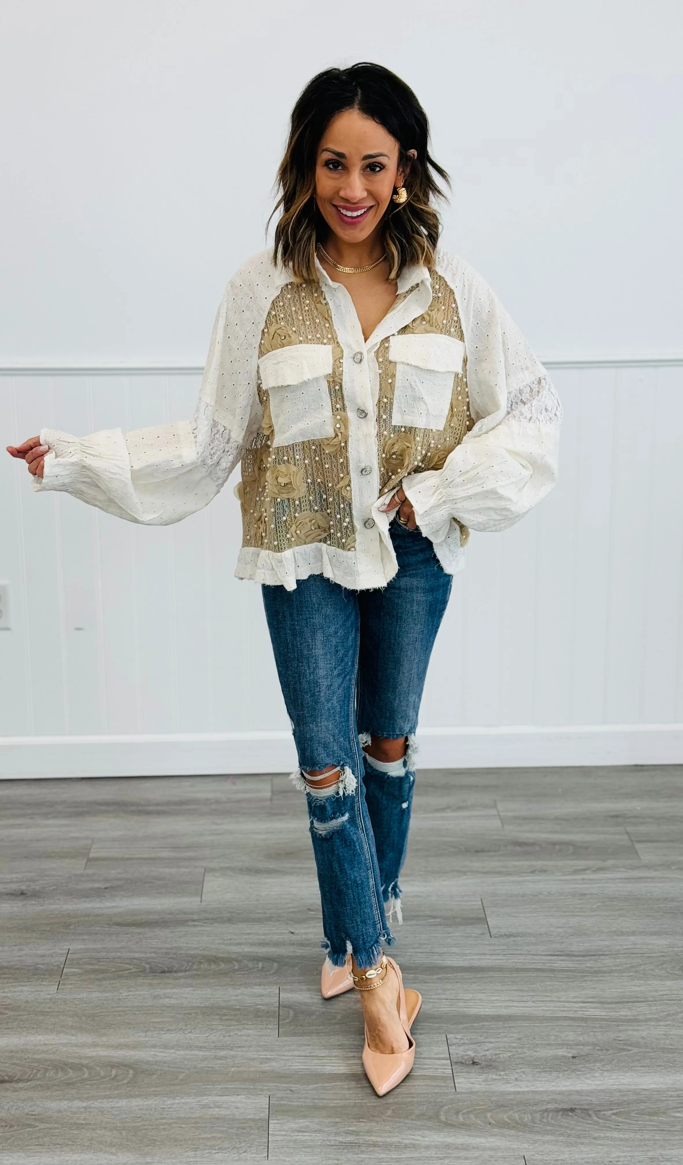 POL Mocha Cream Flowers & Pearls Shirt (Reg)