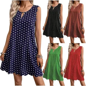 Polka Dot Sleeveless Summer Dresses Crewneck Swing A Line Midi Dress Bohemian Casual Beach Party Sundress