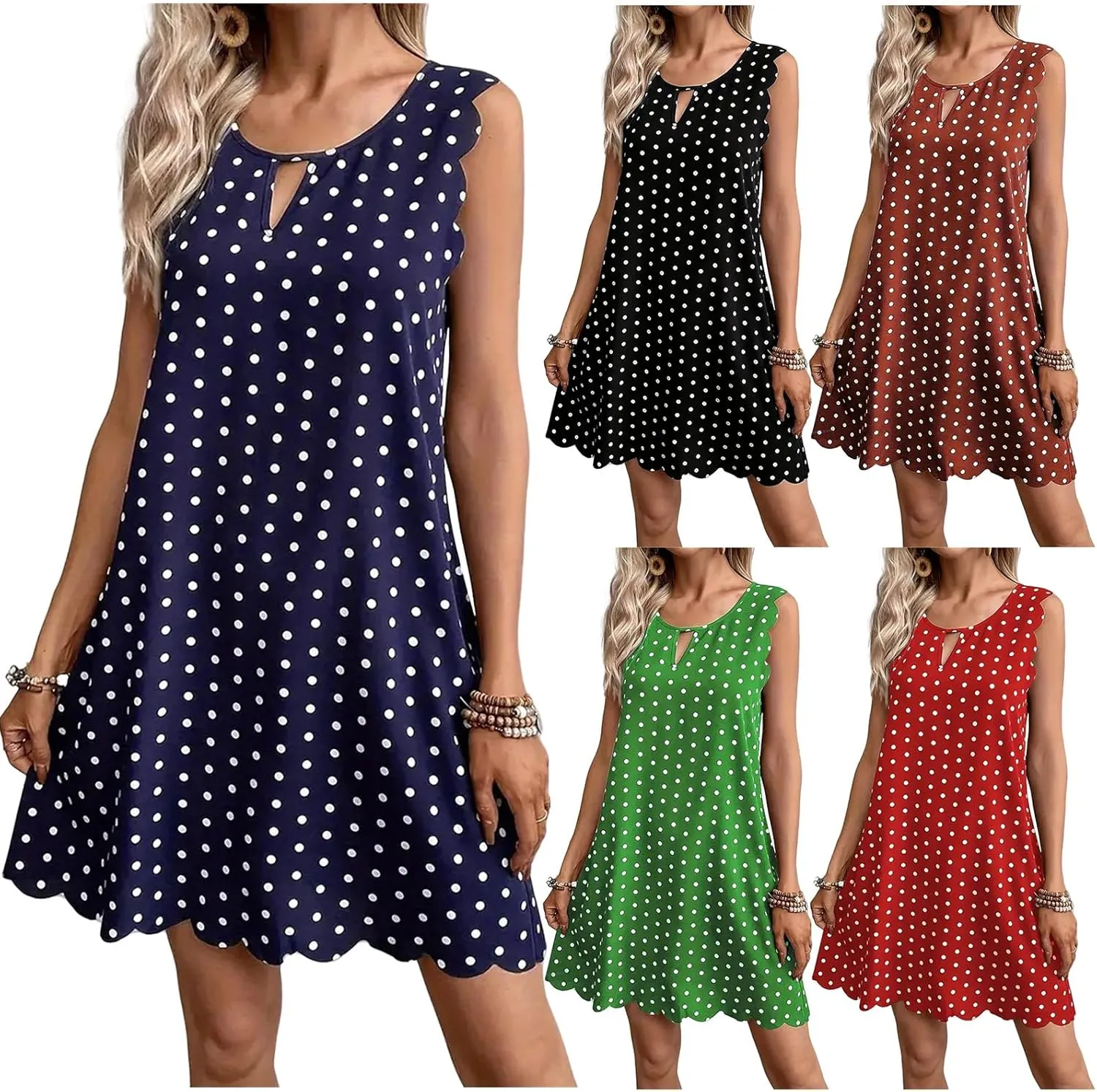 Polka Dot Sleeveless Summer Dresses Crewneck Swing A Line Midi Dress Bohemian Casual Beach Party Sundress