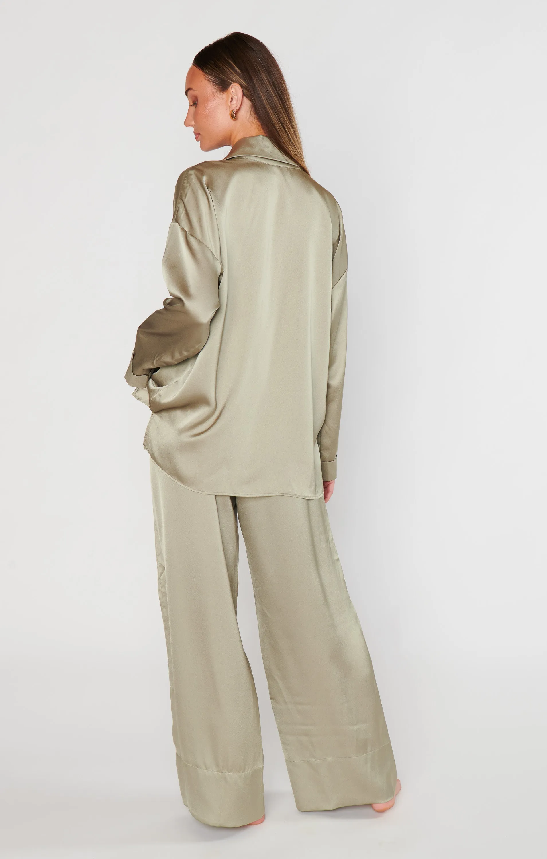 Prep Time Pants ~ Moss Green Luxe Satin
