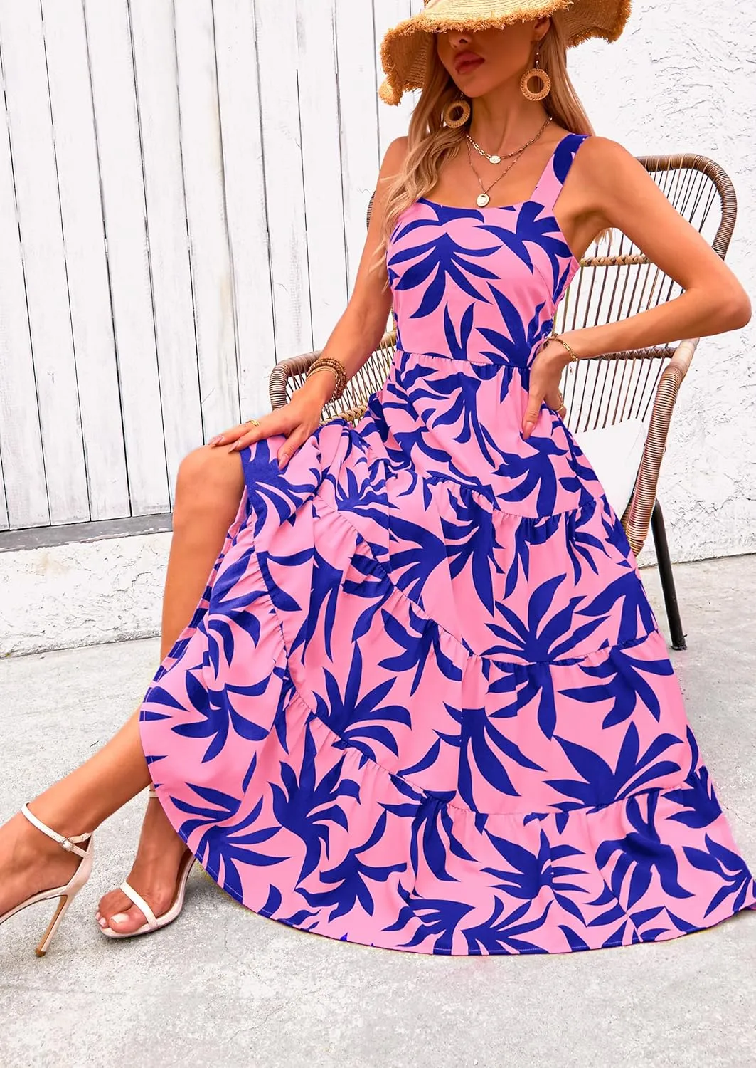 PRETTYGARDEN Women's Summer Floral Maxi Dress Sleeveless Smocked Ruffle Long Flowy Beach Vacation Boho Sundresses