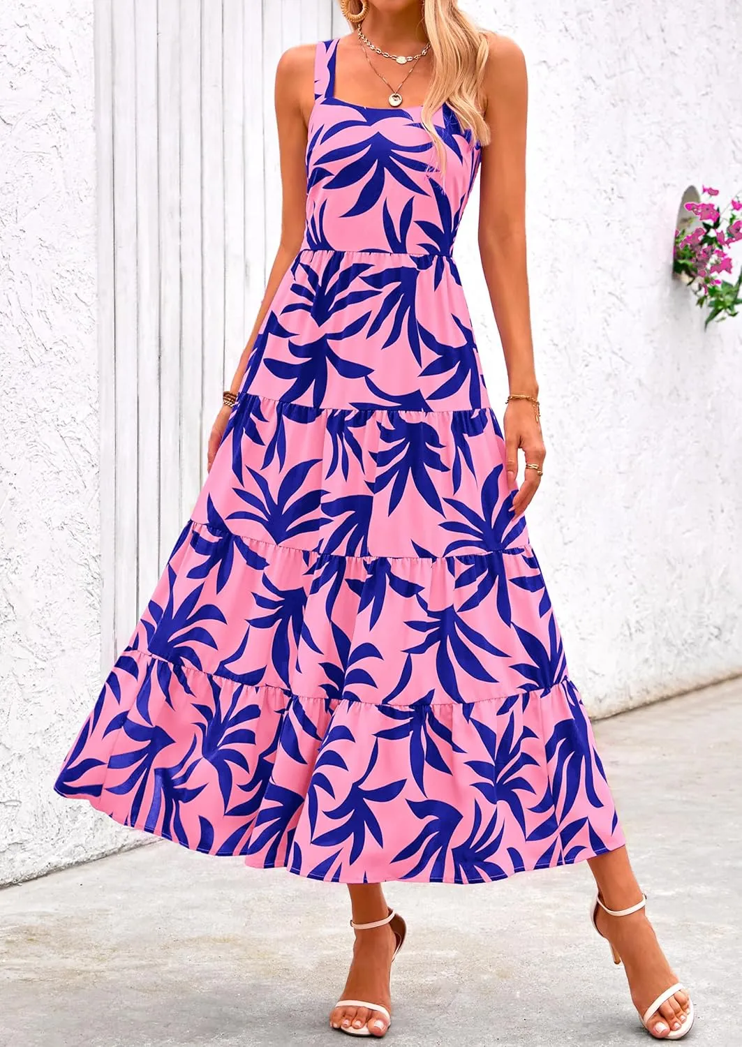 PRETTYGARDEN Women's Summer Floral Maxi Dress Sleeveless Smocked Ruffle Long Flowy Beach Vacation Boho Sundresses