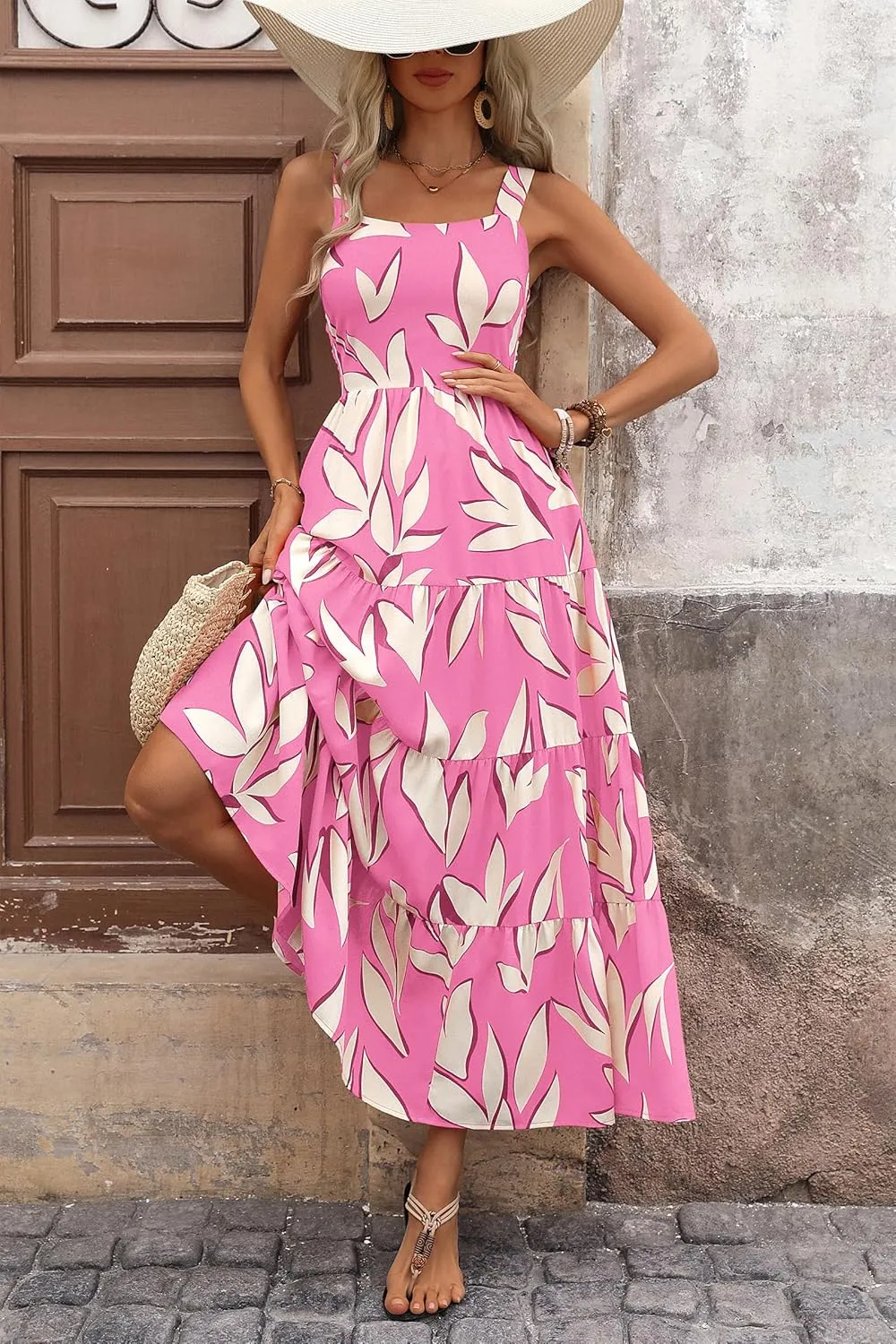 PRETTYGARDEN Women's Summer Floral Maxi Dress Sleeveless Smocked Ruffle Long Flowy Beach Vacation Boho Sundresses