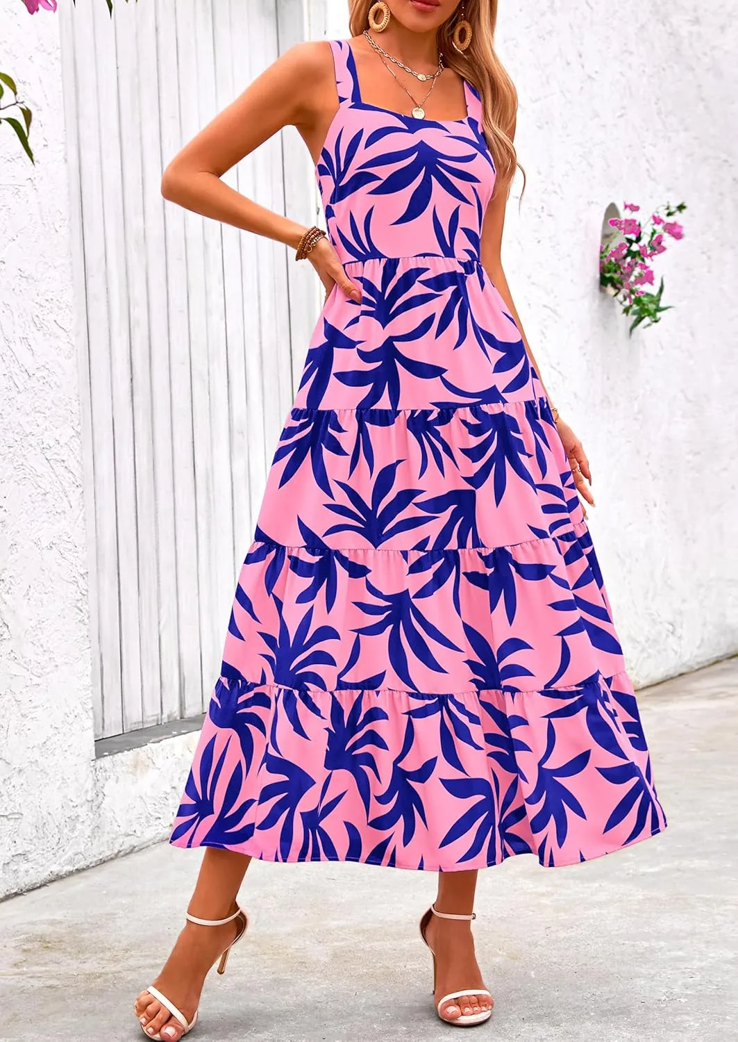 PRETTYGARDEN Women's Summer Floral Maxi Dress Sleeveless Smocked Ruffle Long Flowy Beach Vacation Boho Sundresses