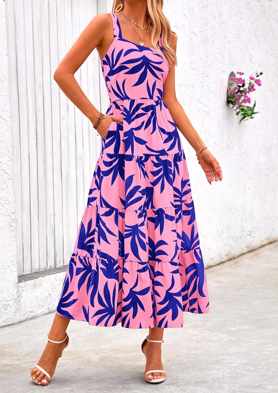 PRETTYGARDEN Women's Summer Floral Maxi Dress Sleeveless Smocked Ruffle Long Flowy Beach Vacation Boho Sundresses