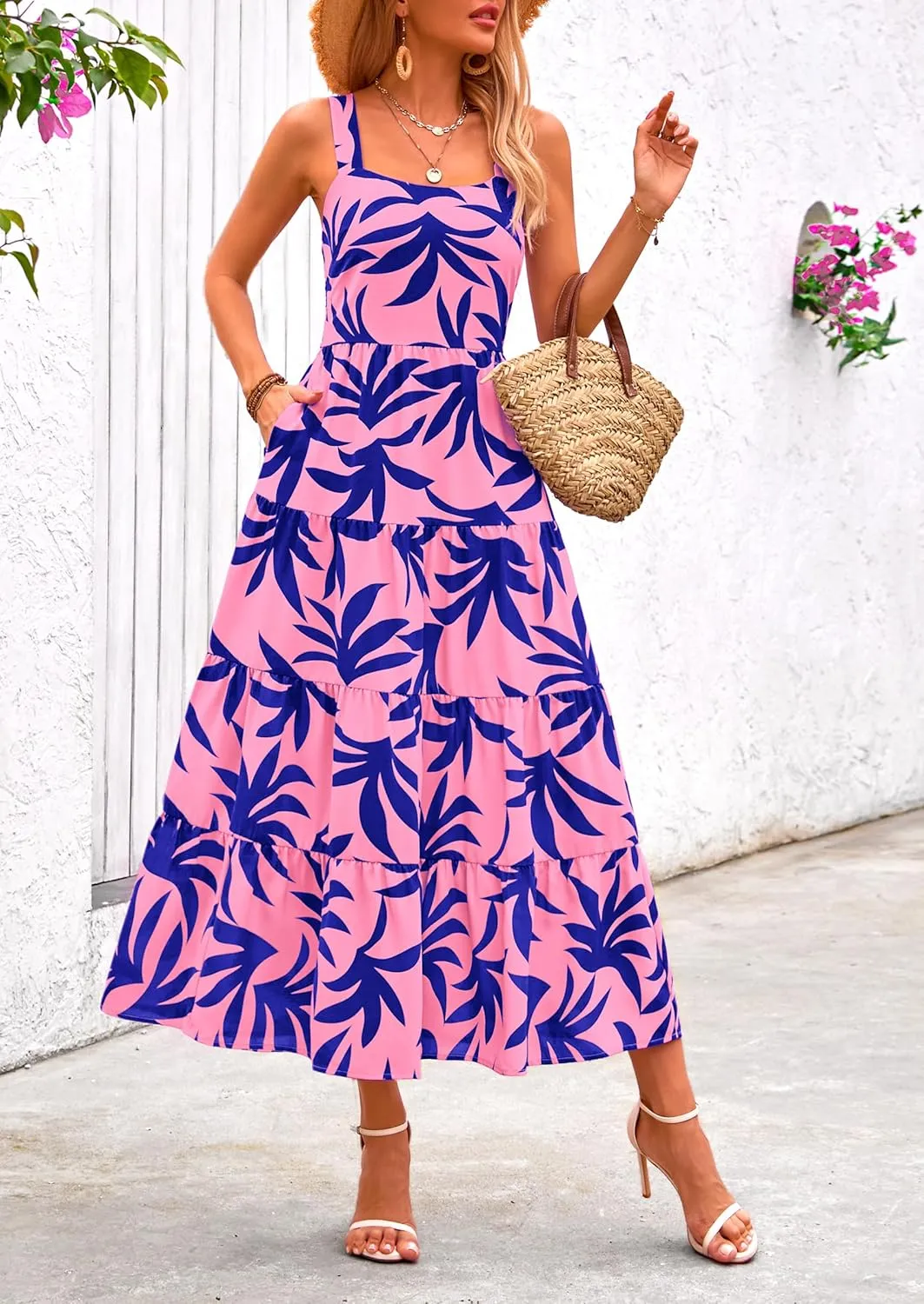PRETTYGARDEN Women's Summer Floral Maxi Dress Sleeveless Smocked Ruffle Long Flowy Beach Vacation Boho Sundresses