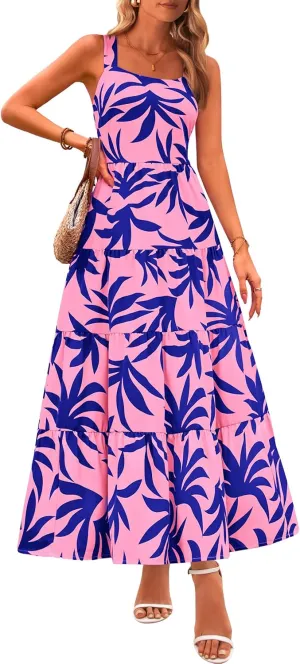 PRETTYGARDEN Women's Summer Floral Maxi Dress Sleeveless Smocked Ruffle Long Flowy Beach Vacation Boho Sundresses