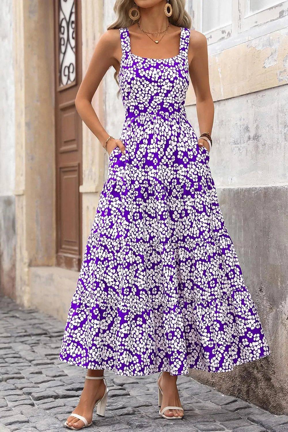 PRETTYGARDEN Women's Summer Floral Maxi Dress Sleeveless Smocked Ruffle Long Flowy Beach Vacation Boho Sundresses