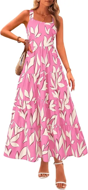 PRETTYGARDEN Women's Summer Floral Maxi Dress Sleeveless Smocked Ruffle Long Flowy Beach Vacation Boho Sundresses