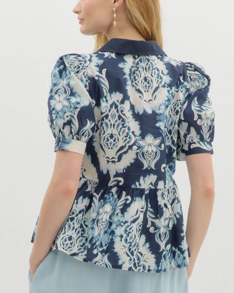 Printed Short Sleeve V-Neck Blouse Top - Navy
