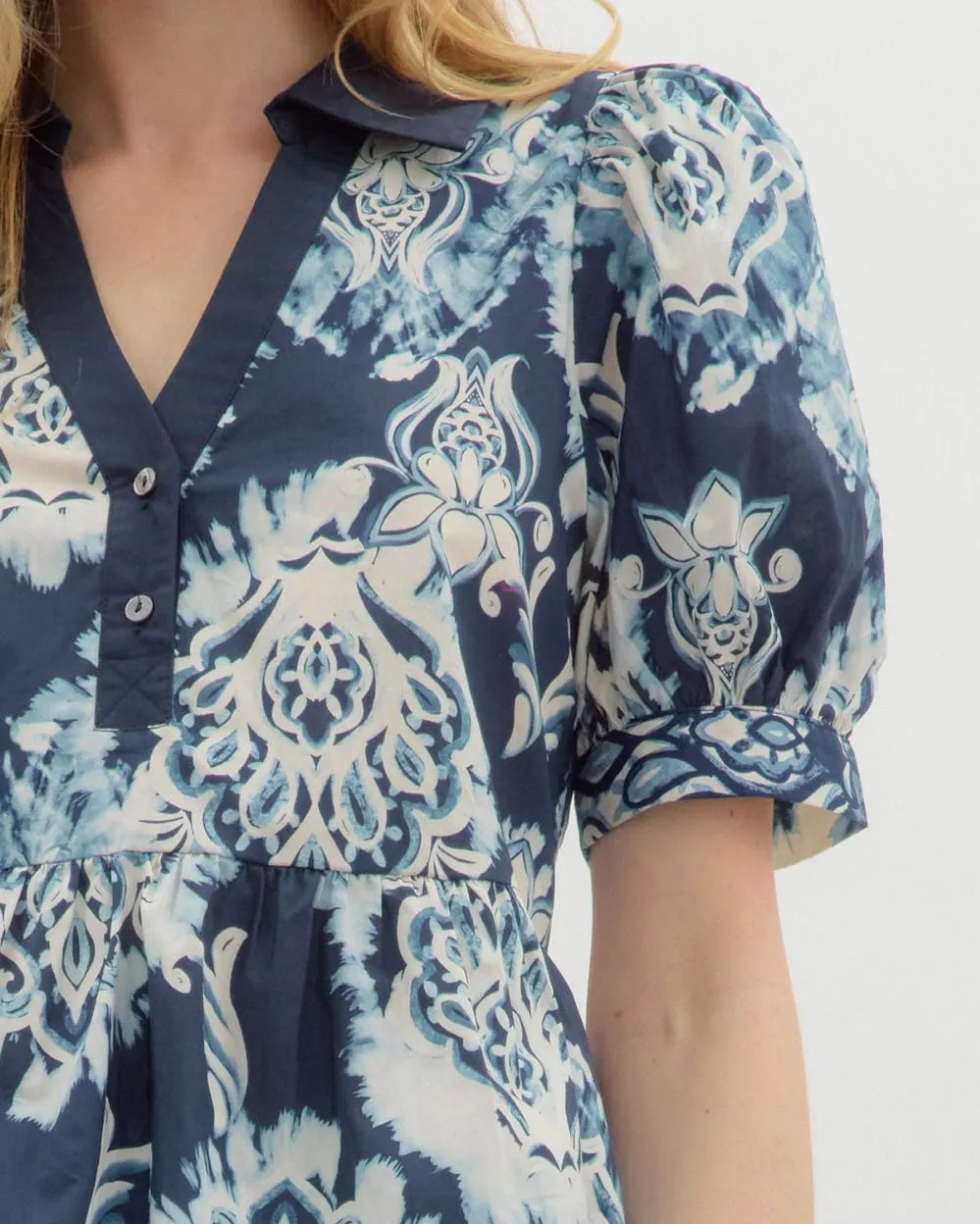 Printed Short Sleeve V-Neck Blouse Top - Navy