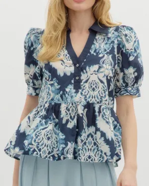 Printed Short Sleeve V-Neck Blouse Top - Navy