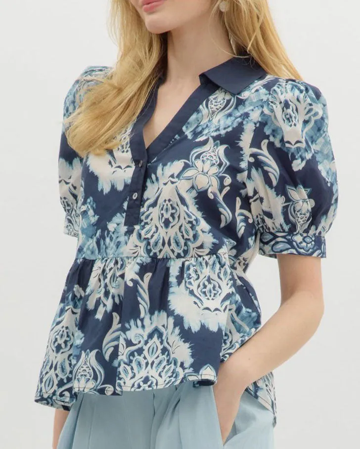 Printed Short Sleeve V-Neck Blouse Top - Navy