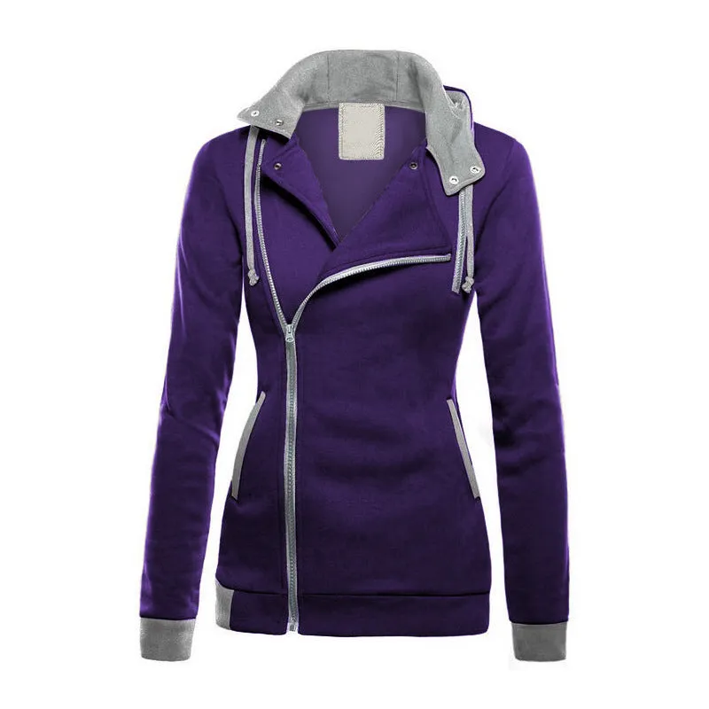 Side Zipper High Neck Patchwork Slim Hoodie Coat