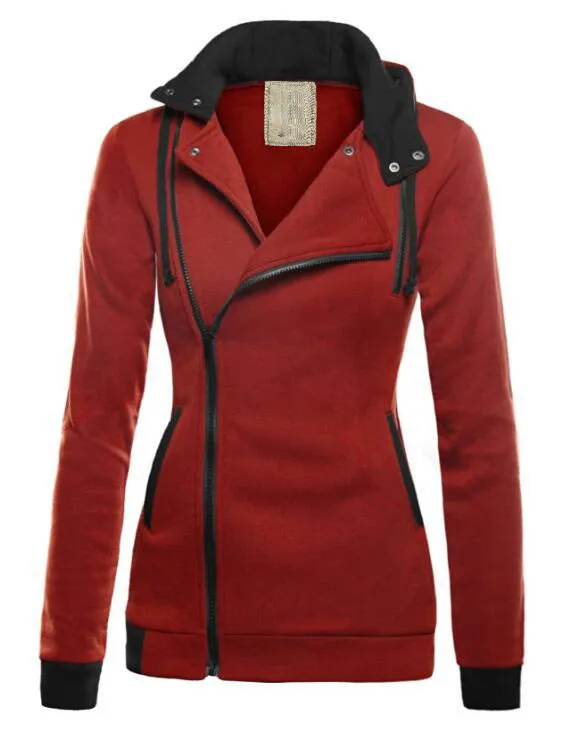 Side Zipper High Neck Patchwork Slim Hoodie Coat