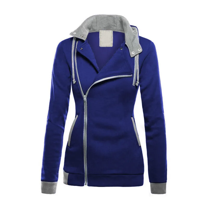 Side Zipper High Neck Patchwork Slim Hoodie Coat