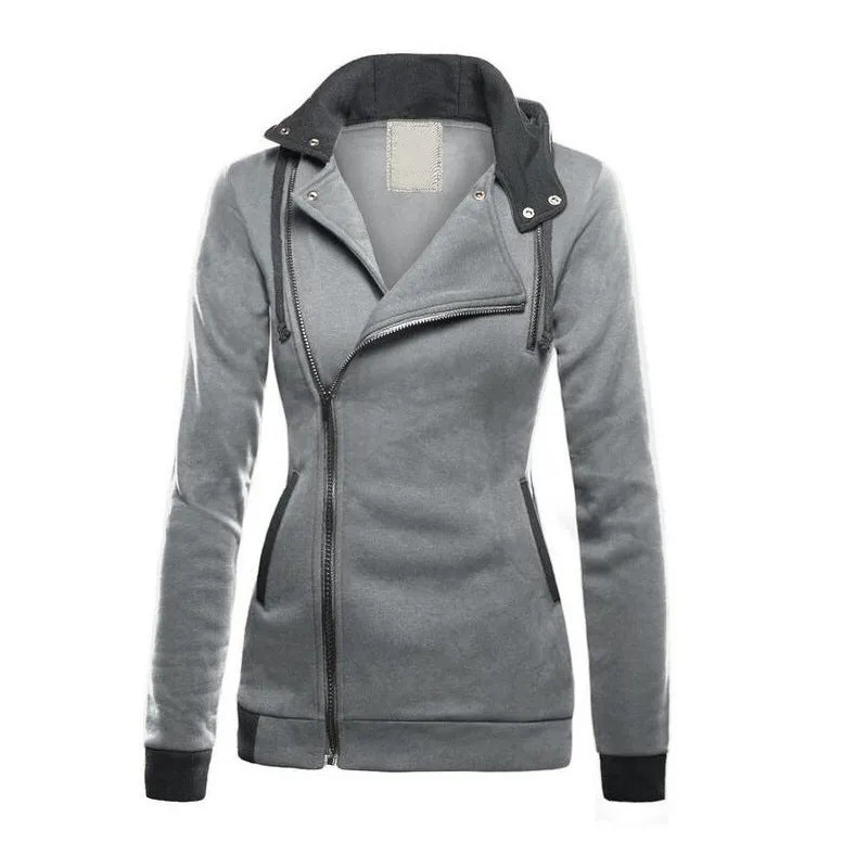 Side Zipper High Neck Patchwork Slim Hoodie Coat