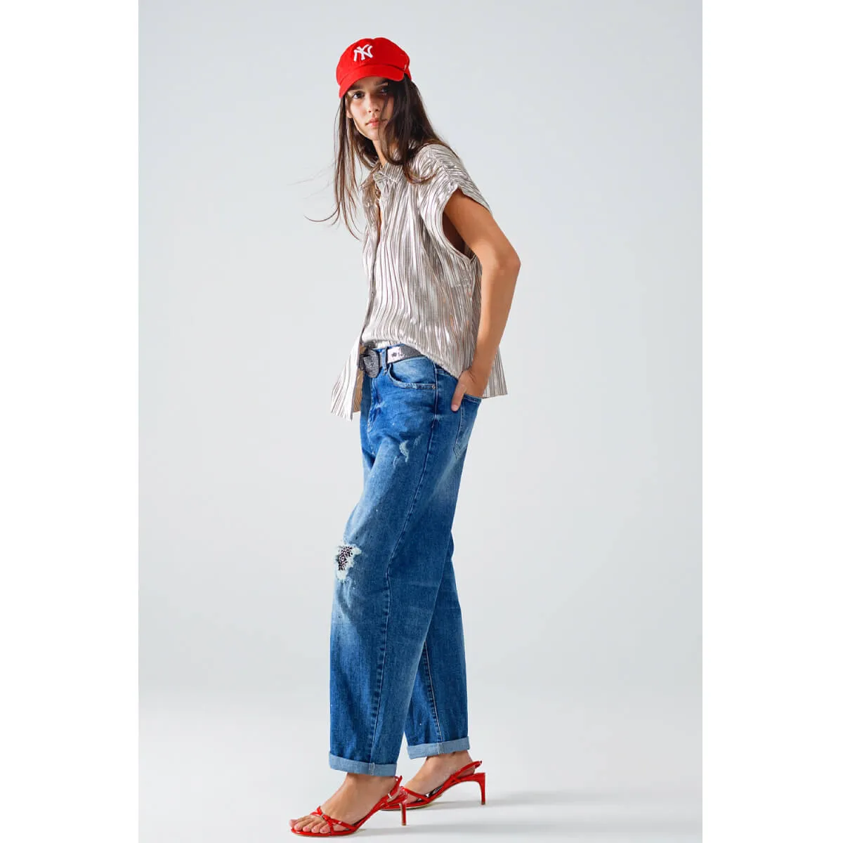 Silver Pleated Short Sleeve Shirt