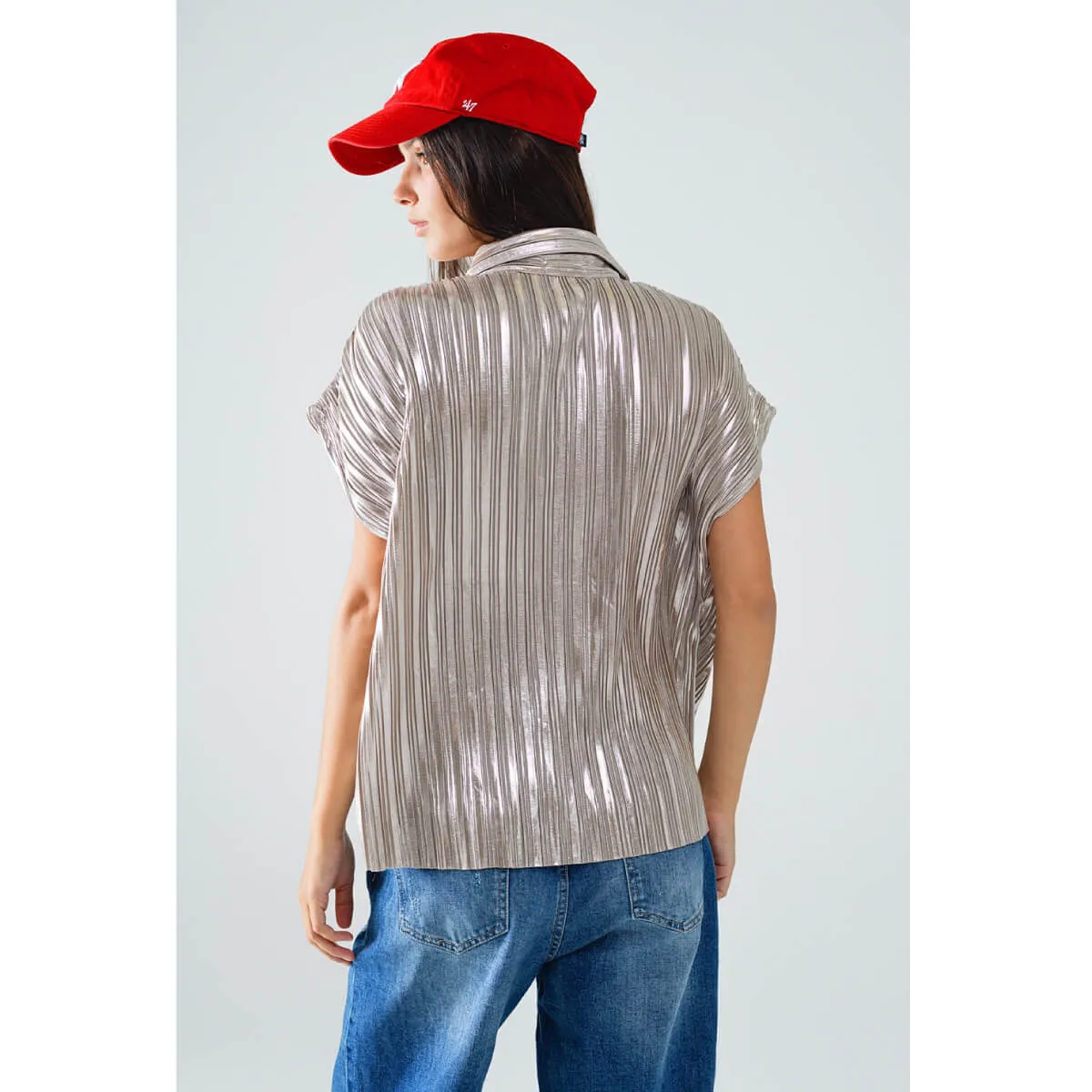 Silver Pleated Short Sleeve Shirt
