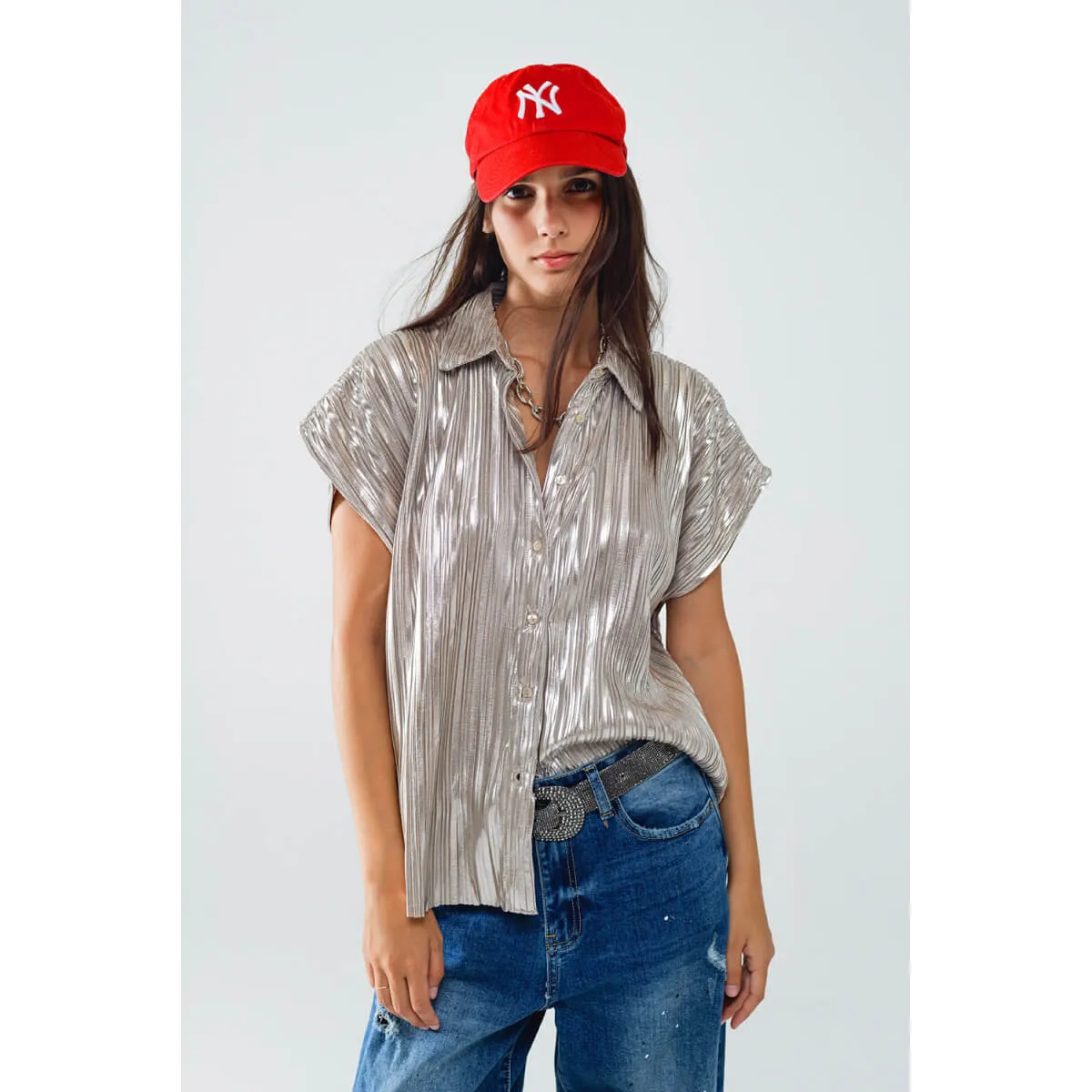 Silver Pleated Short Sleeve Shirt
